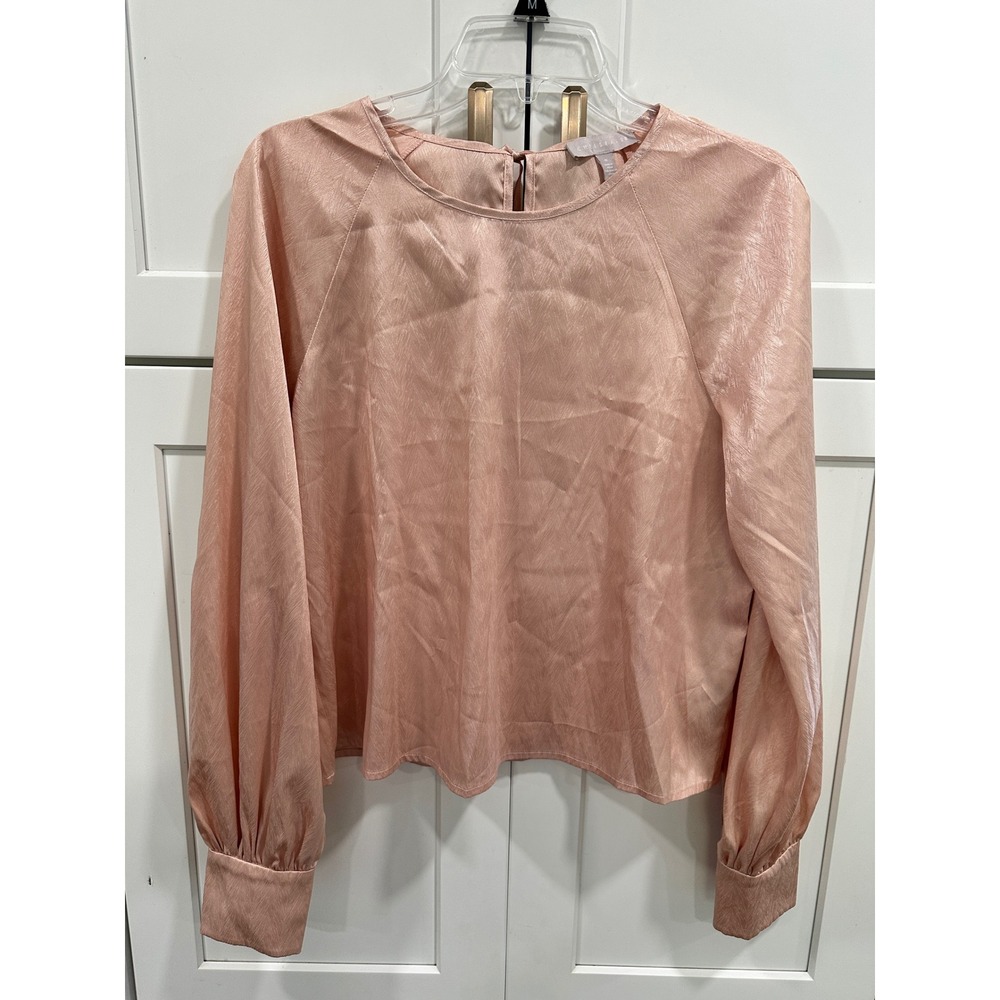 Chelsea 28 Pink Chevron Jacquard Satin Blouse Long‎ Sleeve Button Cuff Medium